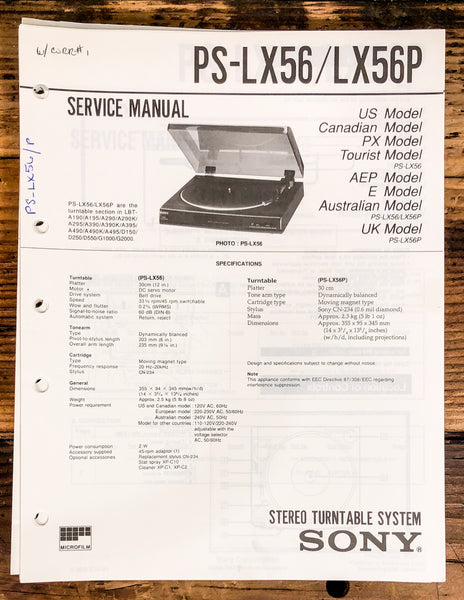 Sony PS-LX56 -LX56P Record Player / Turntable  Service Manual *Original*