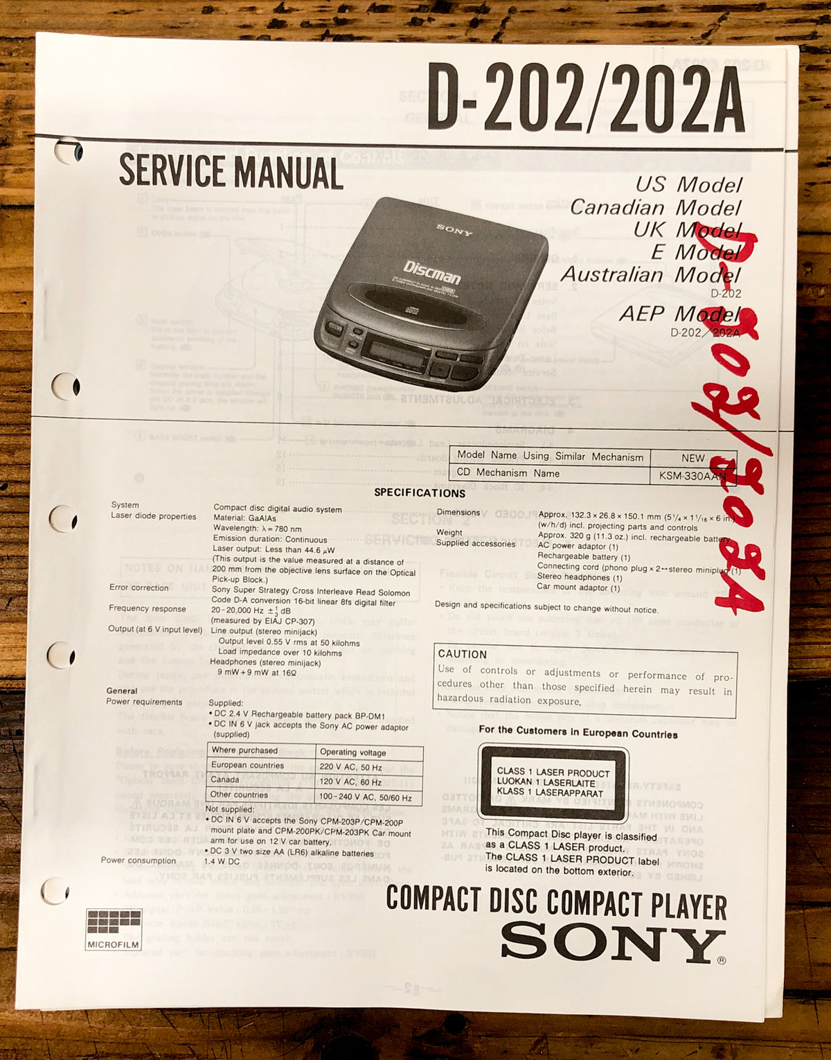 Sony D-202 D-202A CD Player / Discman  Service Manual *Original*