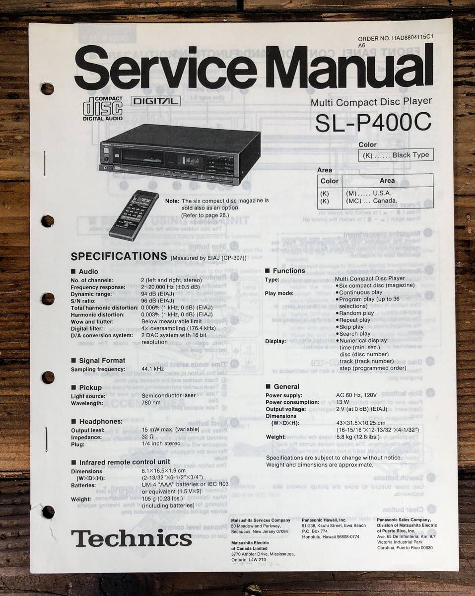 Technics SL-P400C CD Player Service Manual *Original*