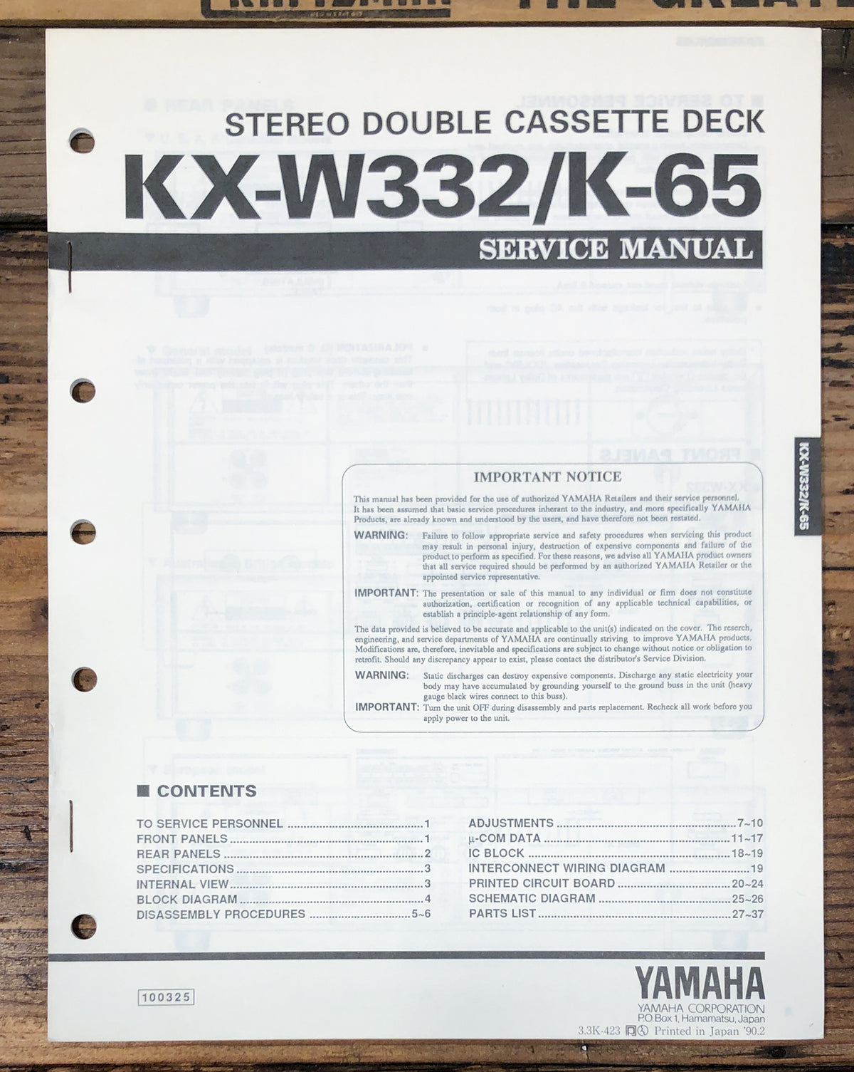 Yamaha KX-W332 K-65 Cassette Service Manual *Original*