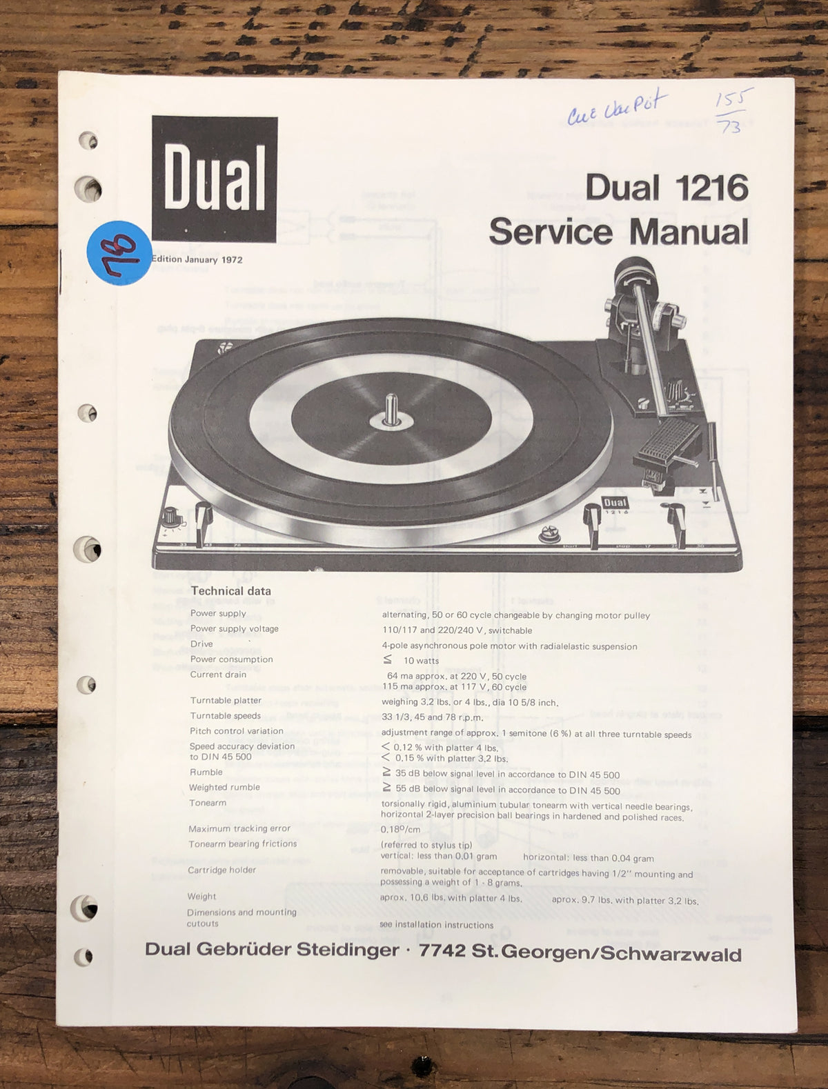 Dual Model 1216 Record Player / Turntable  Service Manual *Original*