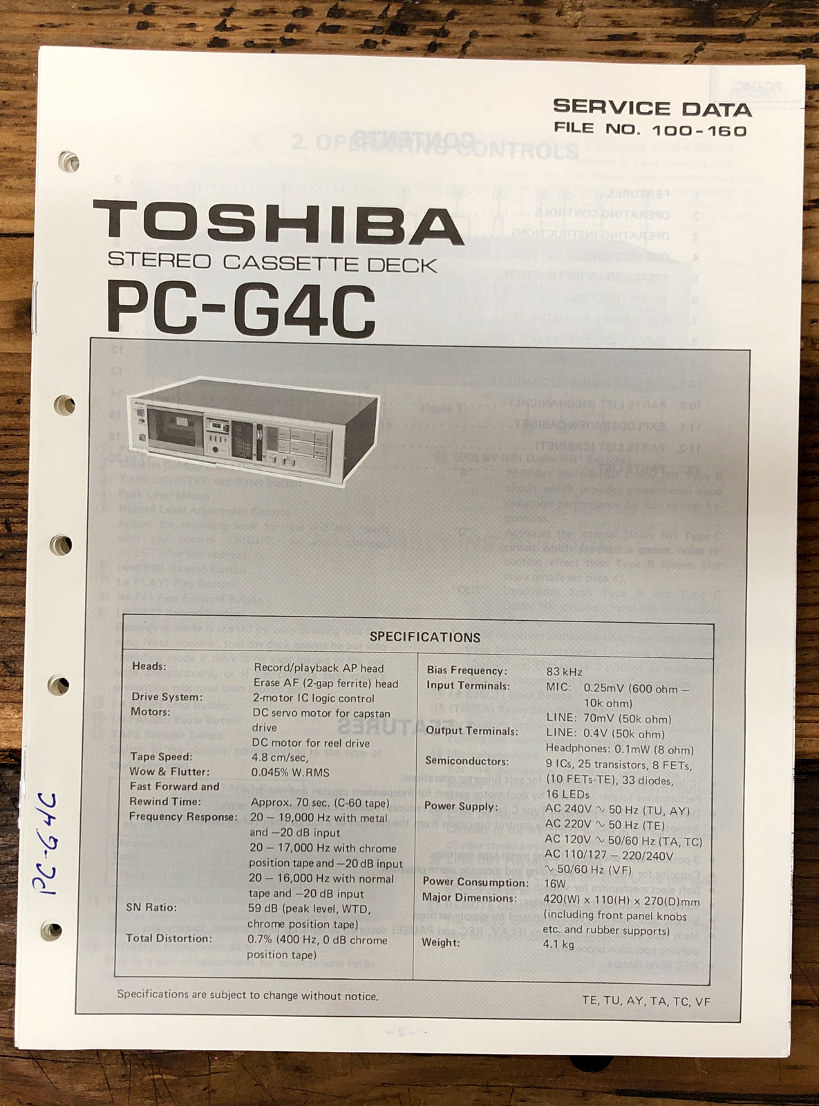 Toshiba PC-G4C Cassette Deck  Service Manual *Original*