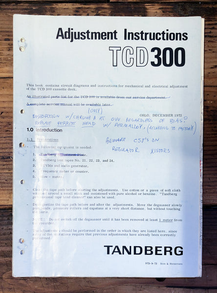 Tandberg TCD-300 Cassette Adjustment Instructions Manual  *Original*