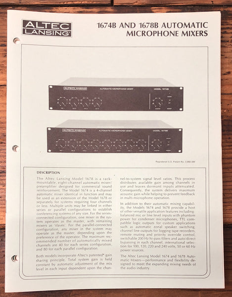 Altec Model 1674B 1678B Mic Mixer  Service Manual *Original*