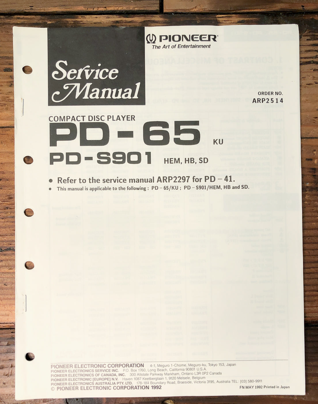 Pioneer PD-65 PD-S901 CD Player Supp. Service Manual *Original*