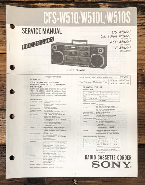 Sony CFS-W510 -W510L -W510S Radio Prelim. Service Manual *Original*