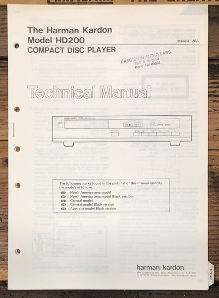 Harman Kardon HD200 HD-200 CD Player  Service Manual *Original* #1