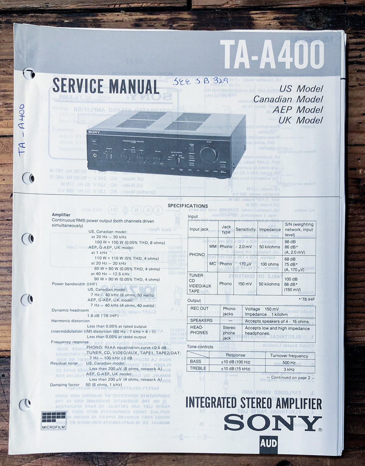 Sony TA-A400 Amplifier  Service Manual *Original*