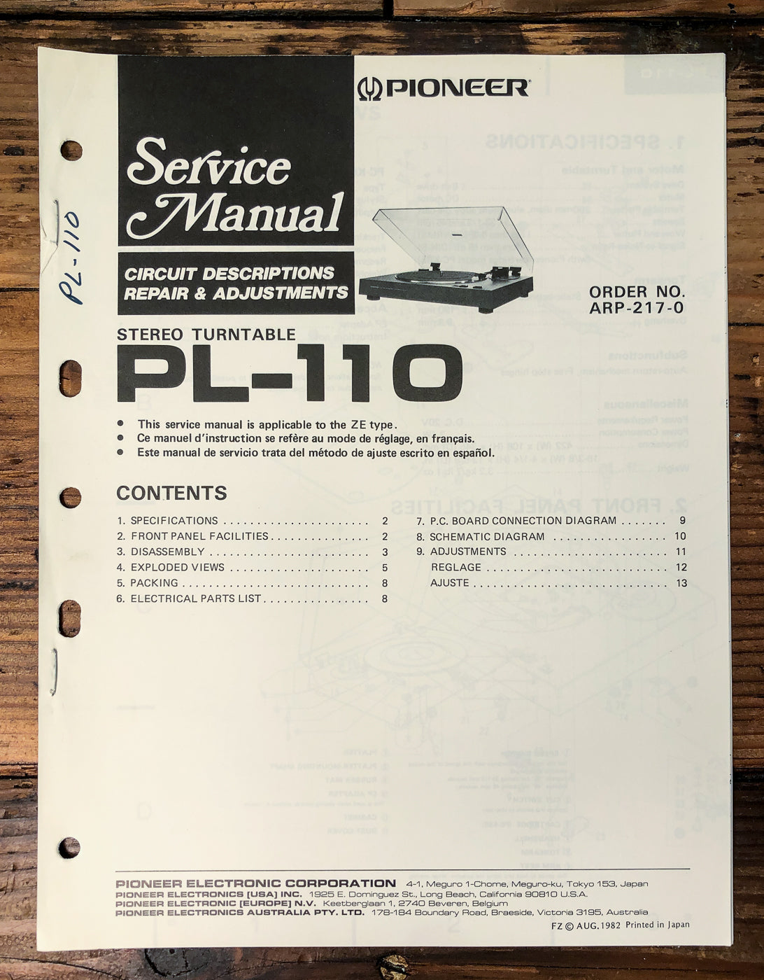 Pioneer PL-110 Turntable Service Manual *Original*