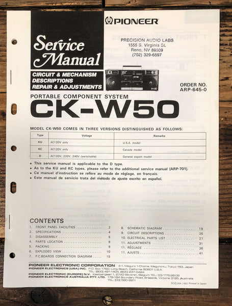 Pioneer CK-W50 Stereo Service Manual *Original*