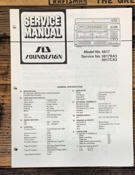 Soundesign Model 6817 6817BA3 6817CA3 Stereo Service Manual *Original*