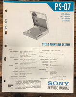 Sony PS-Q7 Record Player / Turntable Service Manual *Original*
