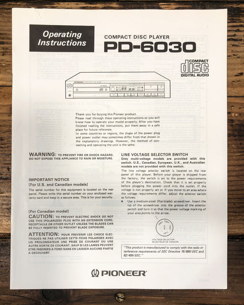 Pioneer PD-6030 CD Player Owners / User Manual *Original*