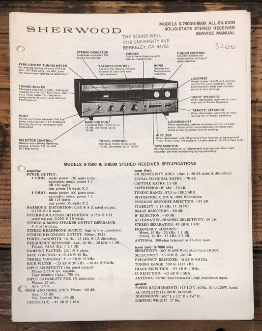 Sherwood S-7500 S-8500 Receiver  Service Manual *Original*