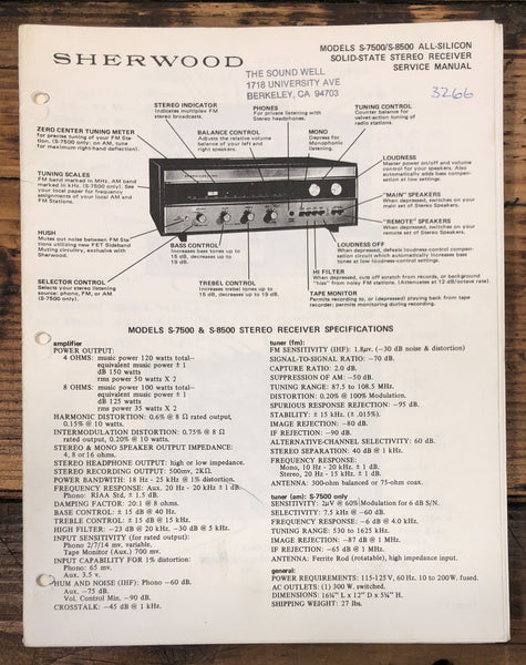 Sherwood S-7500 S-8500 Receiver  Service Manual *Original*