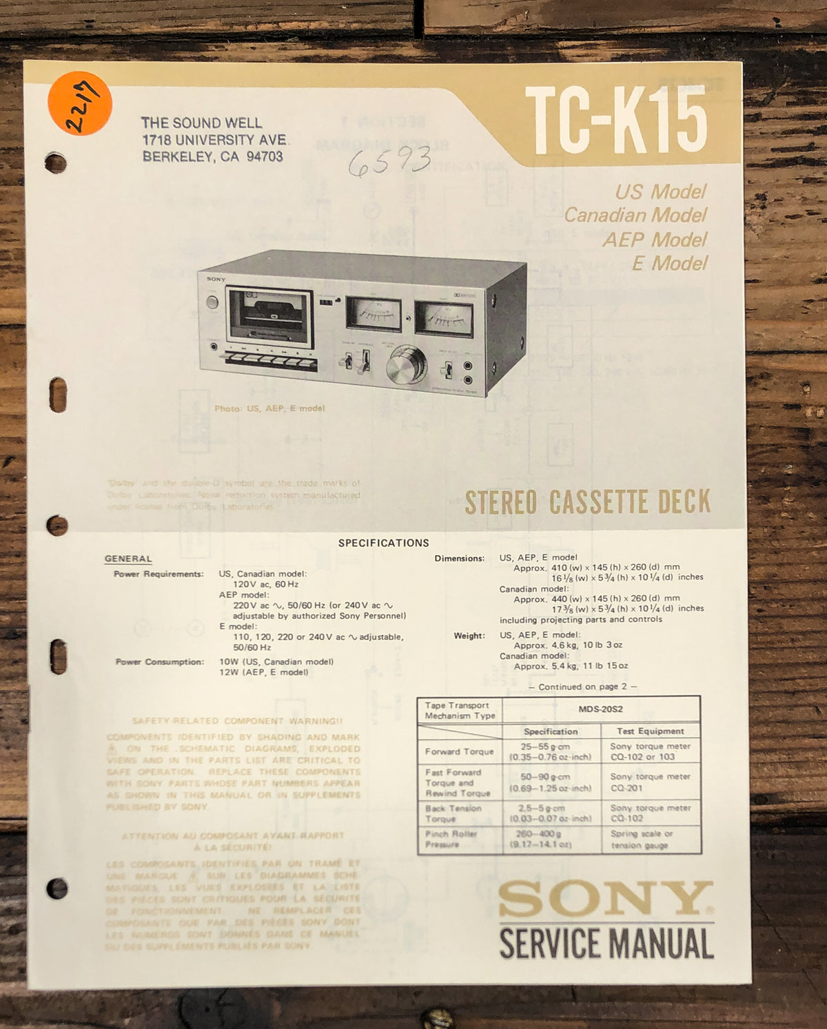 Sony TC-K15 Cassette Service Manual *Original*