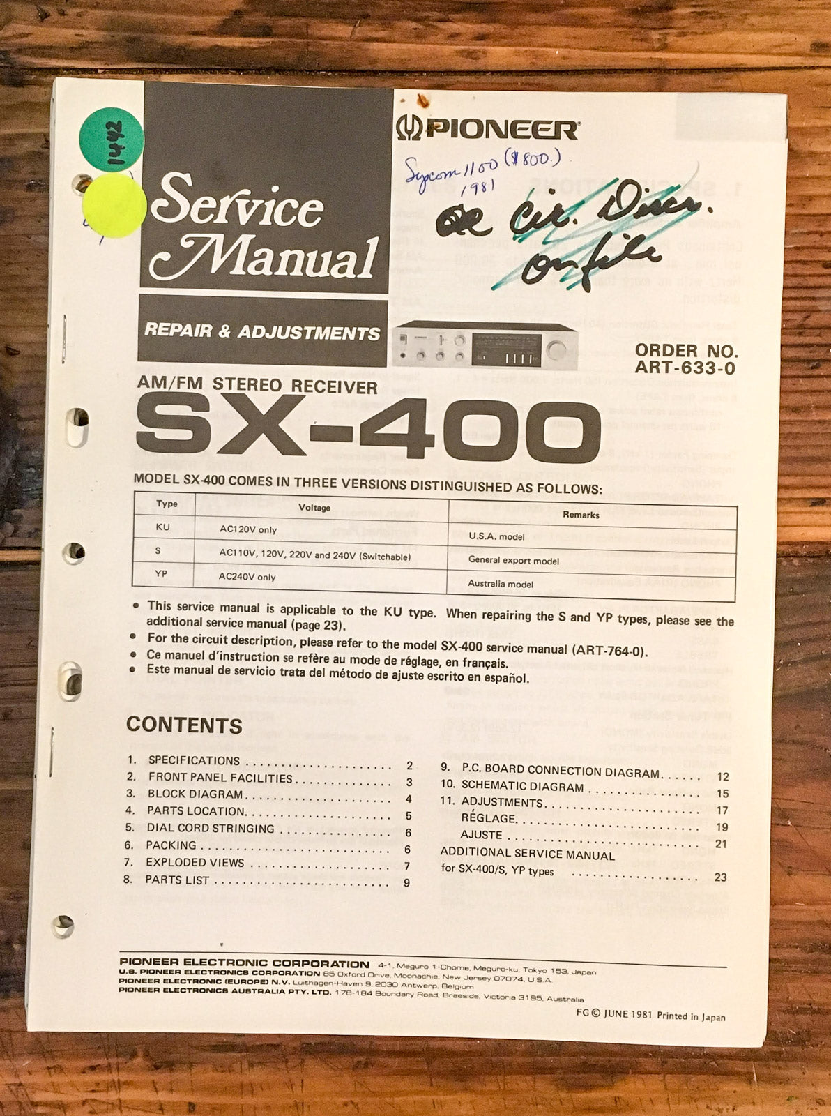 Pioneer SX-400 Receiver  Service Manual *Original*