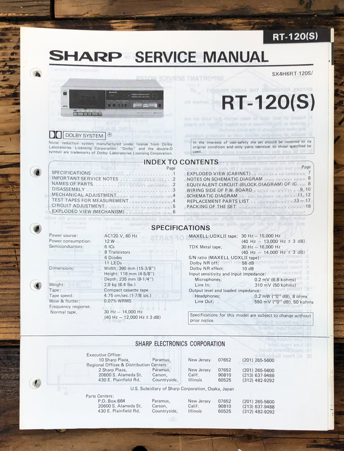 Sharp RT-120 RT-120S Cassette Service Manual *Original*
