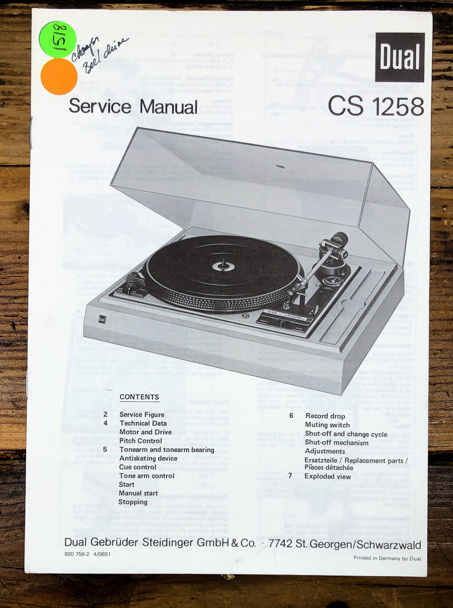 Dual CS 1258 CS1258  Service Manual *Original*