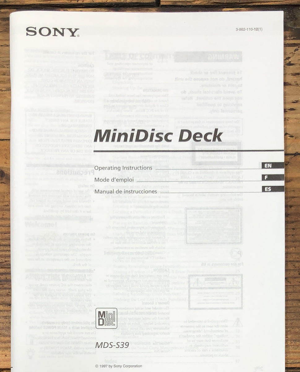 Sony MDS-S39 MiniDisc MD Owners / User Manual *Original*