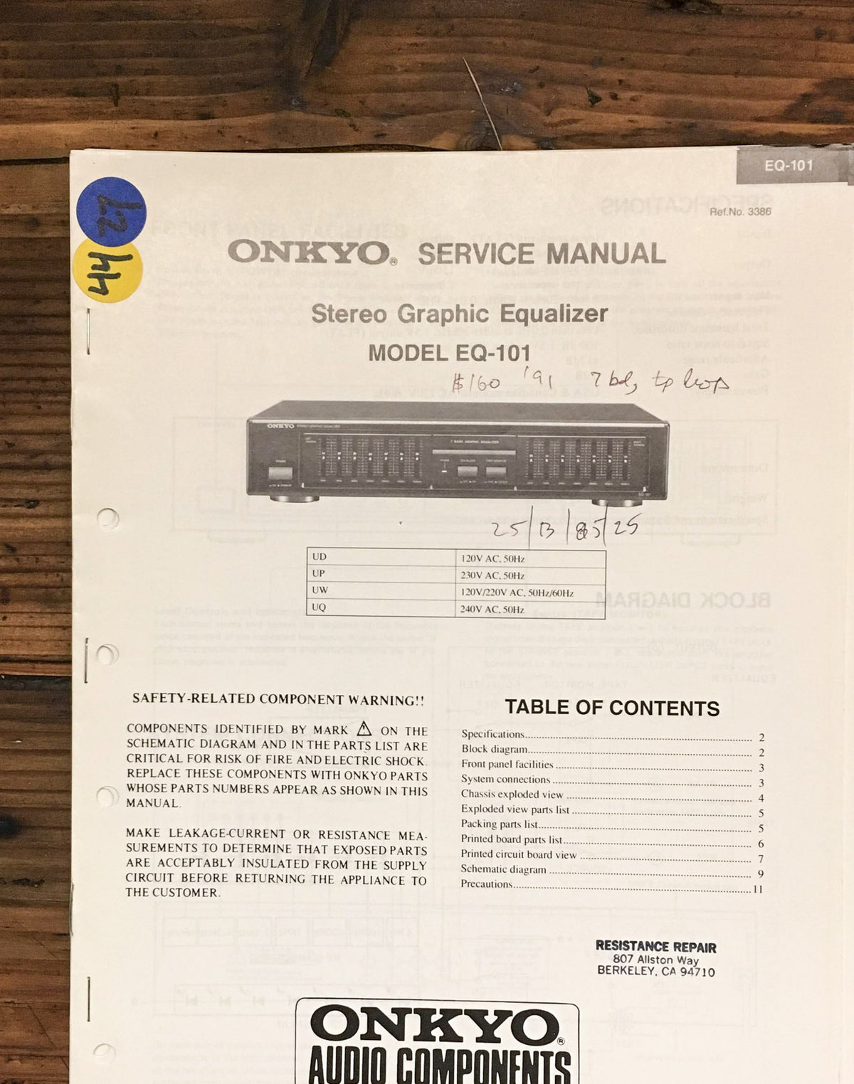 Onkyo EQ-101 Equalizer  Service Manual *Original*