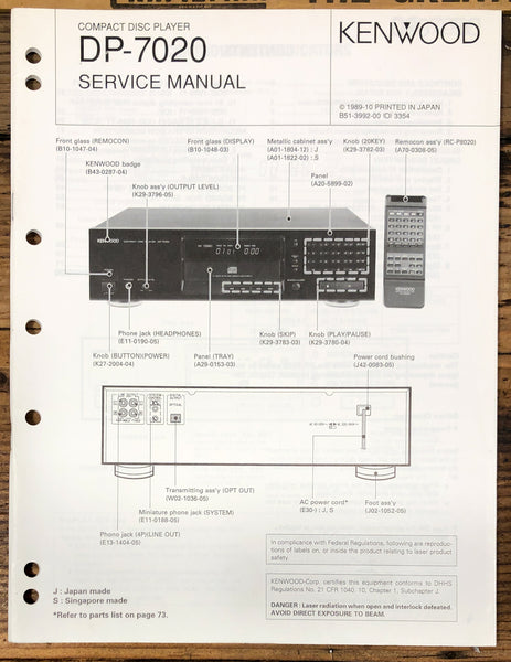 Kenwood DP-7020 CD Player  Service Manual *Original*