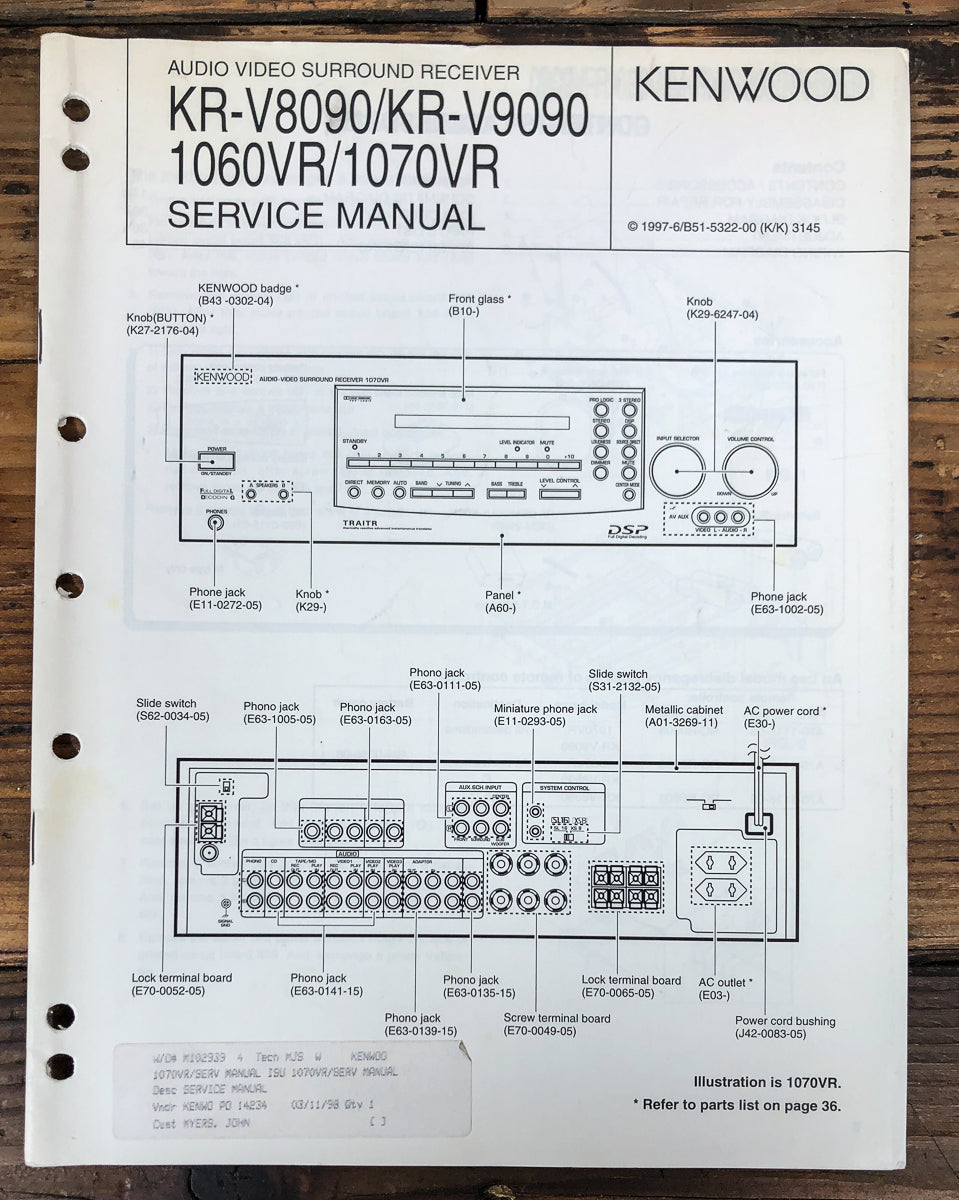 Kenwood KR-V8090 -V9090 -1060VR -1070VR Receiver Service Manual *Original*