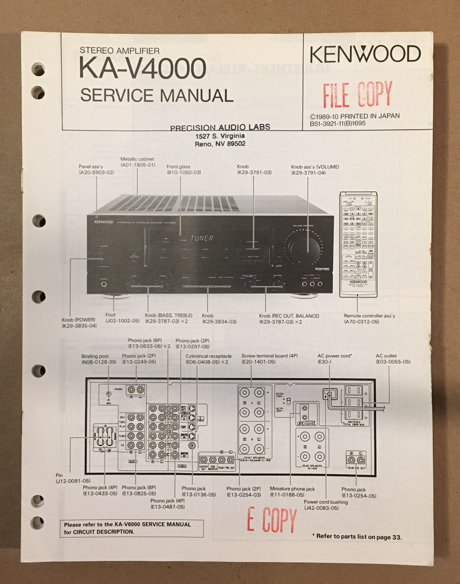 Kenwood KA-V4000 Amplifier  Service Manual *Original*