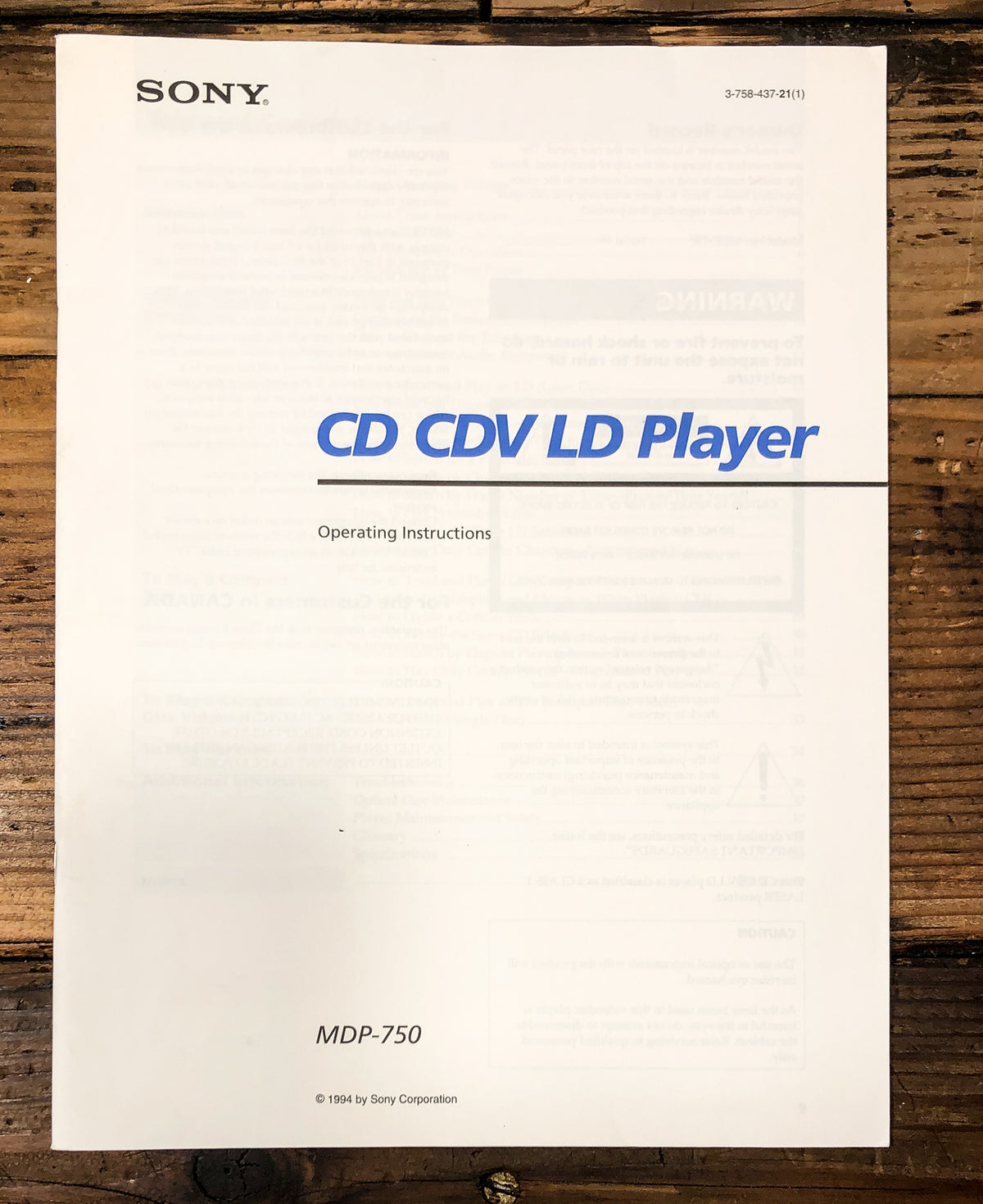 Sony MDP-750 CD CDV LD Player Owners / User Manual *Original*