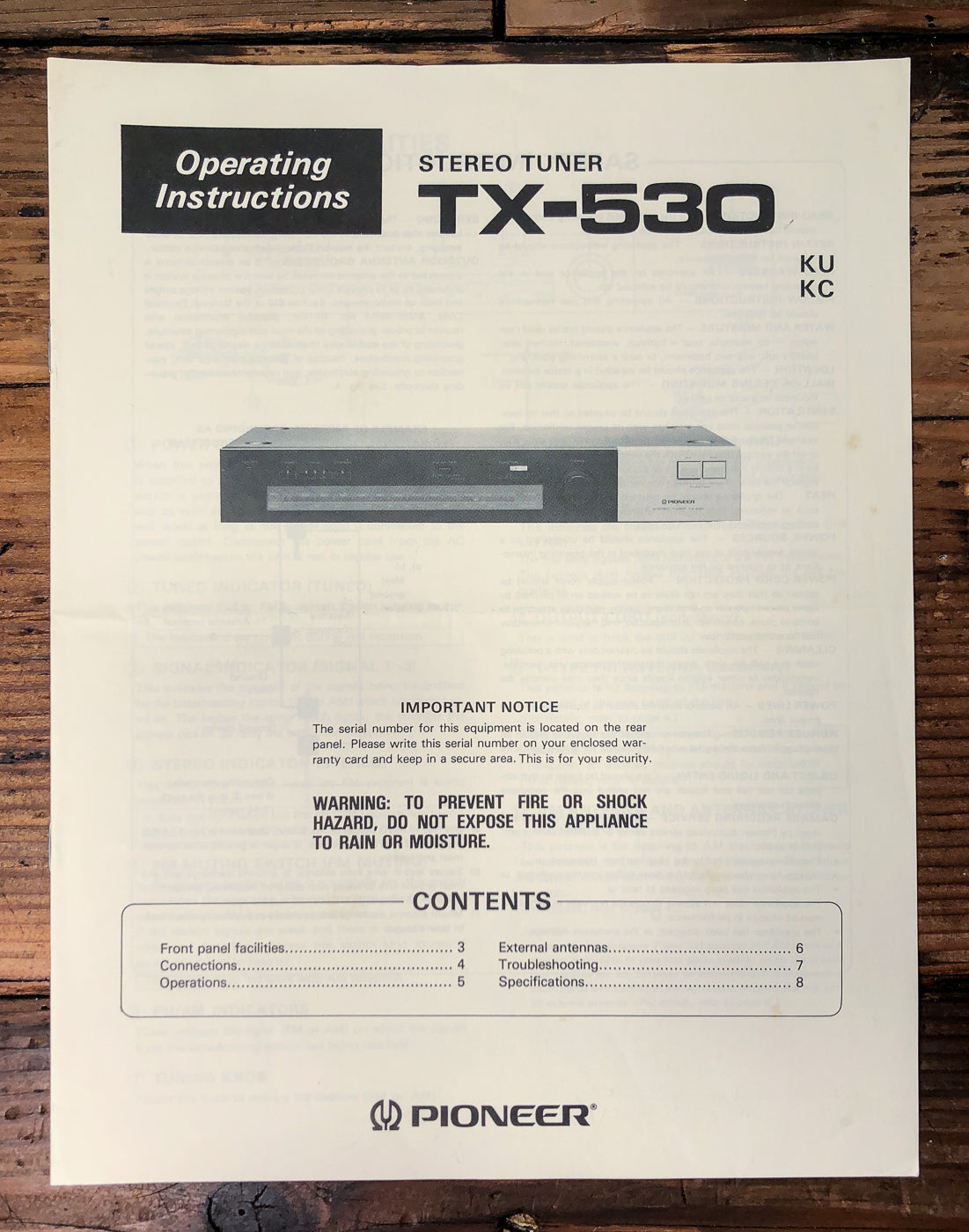 Pioneer TX-530 Tuner Owners / User Manual *Original*