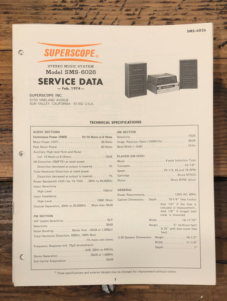 Superscope SMS-6026 Stereo  Service Manual *Original*