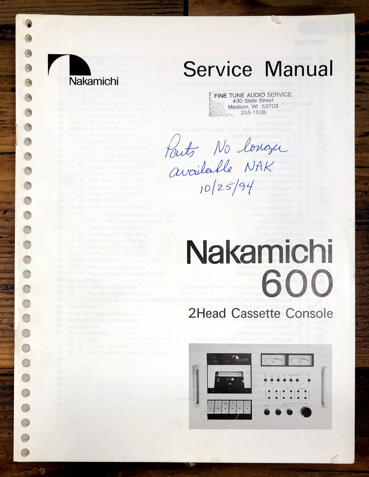 Nakamichi 600 2 Head Cassette Console Service Manual *Original*