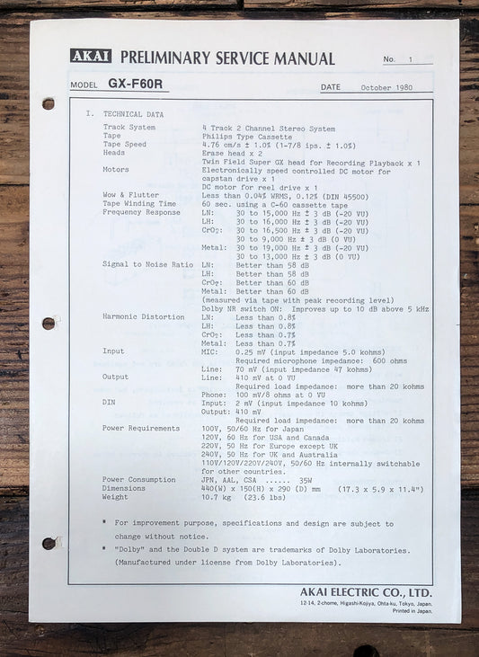 Akai GX-F60R Cassette Prelim. Service Manual *Original*