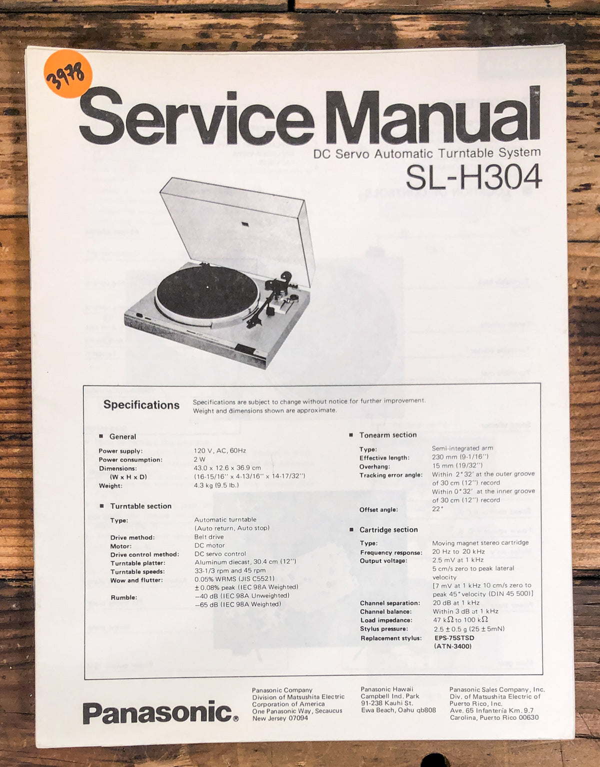 Technics SL-H304 Record Player / Turntable  Service Manual *Original*