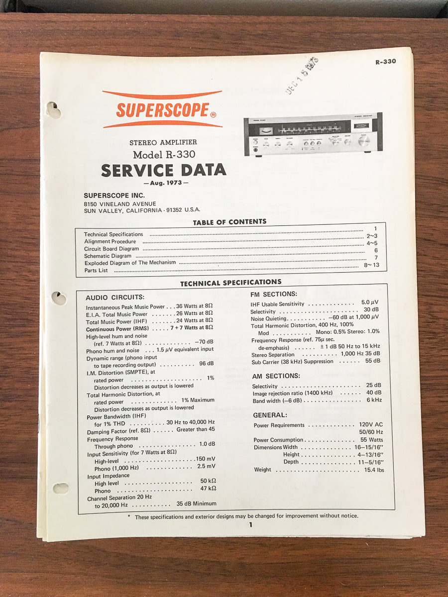 Superscope R-330 Receiver Service Manual *Original*