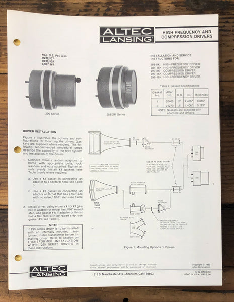 Altec Lansing HF Compression Drivers288 290 291 Series  User Manual  *Original*