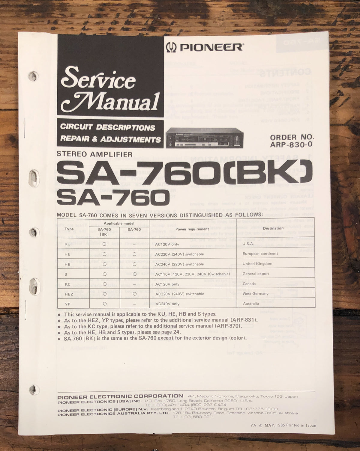 Pioneer SA-760 Amplifier  Service Manual *Original*