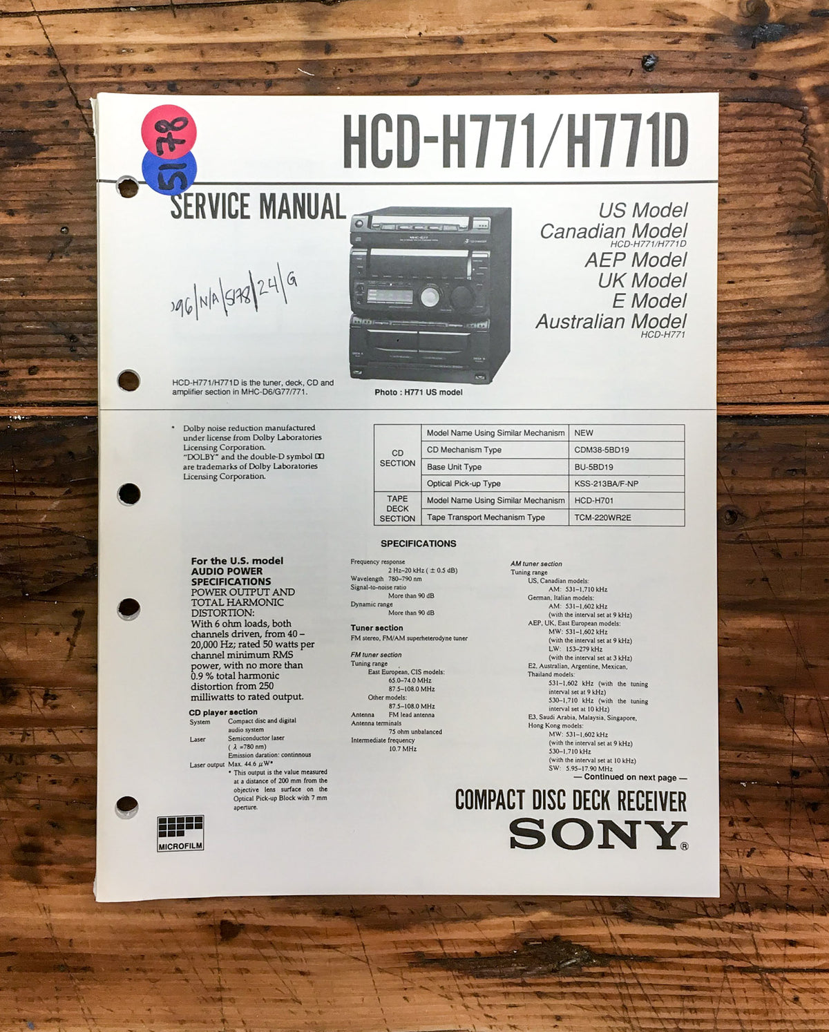 Sony HCD-H771 HCD-H771D Stereo  Service Manual *Original*