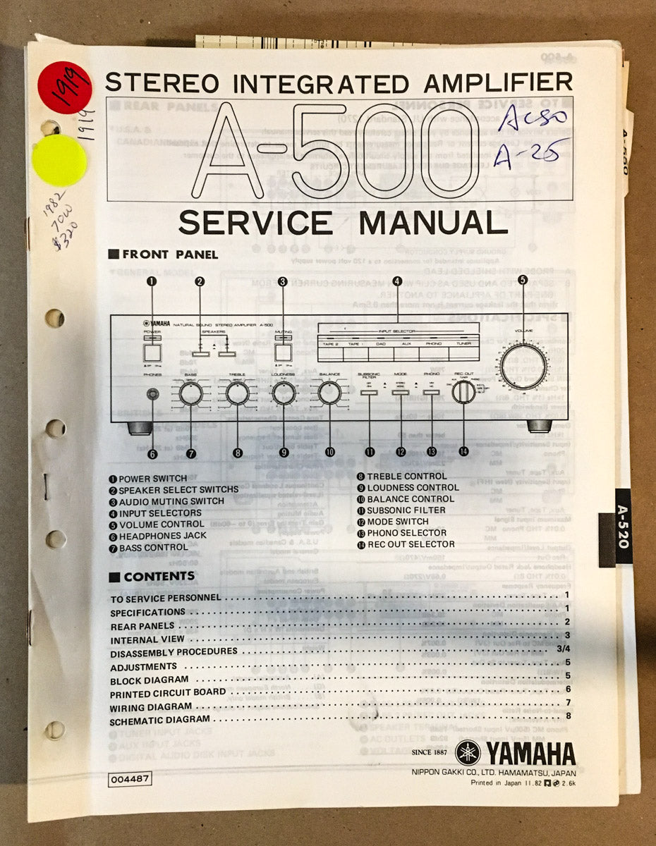 Yamaha A-500 Amplifier  Service Manual *Original*