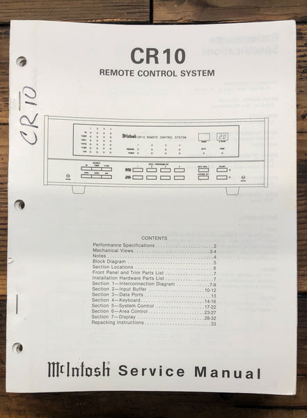 McIntosh CR10 CR-10 Remote Control Center  Service Manual *Original*