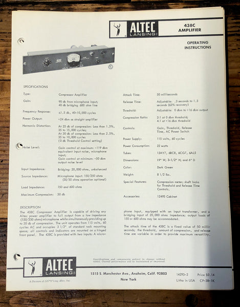 Altec Model 438C Amplifier  Owners Manual & Schematic *Orig*
