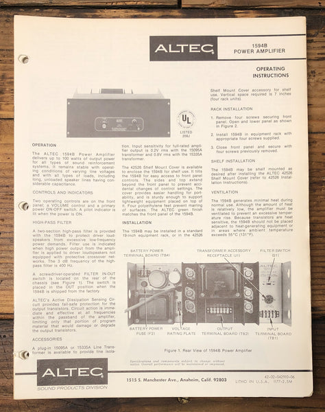 Altec Model 1594B Amplifier  Owners & Schematic Manual *ORIGINAL* #1