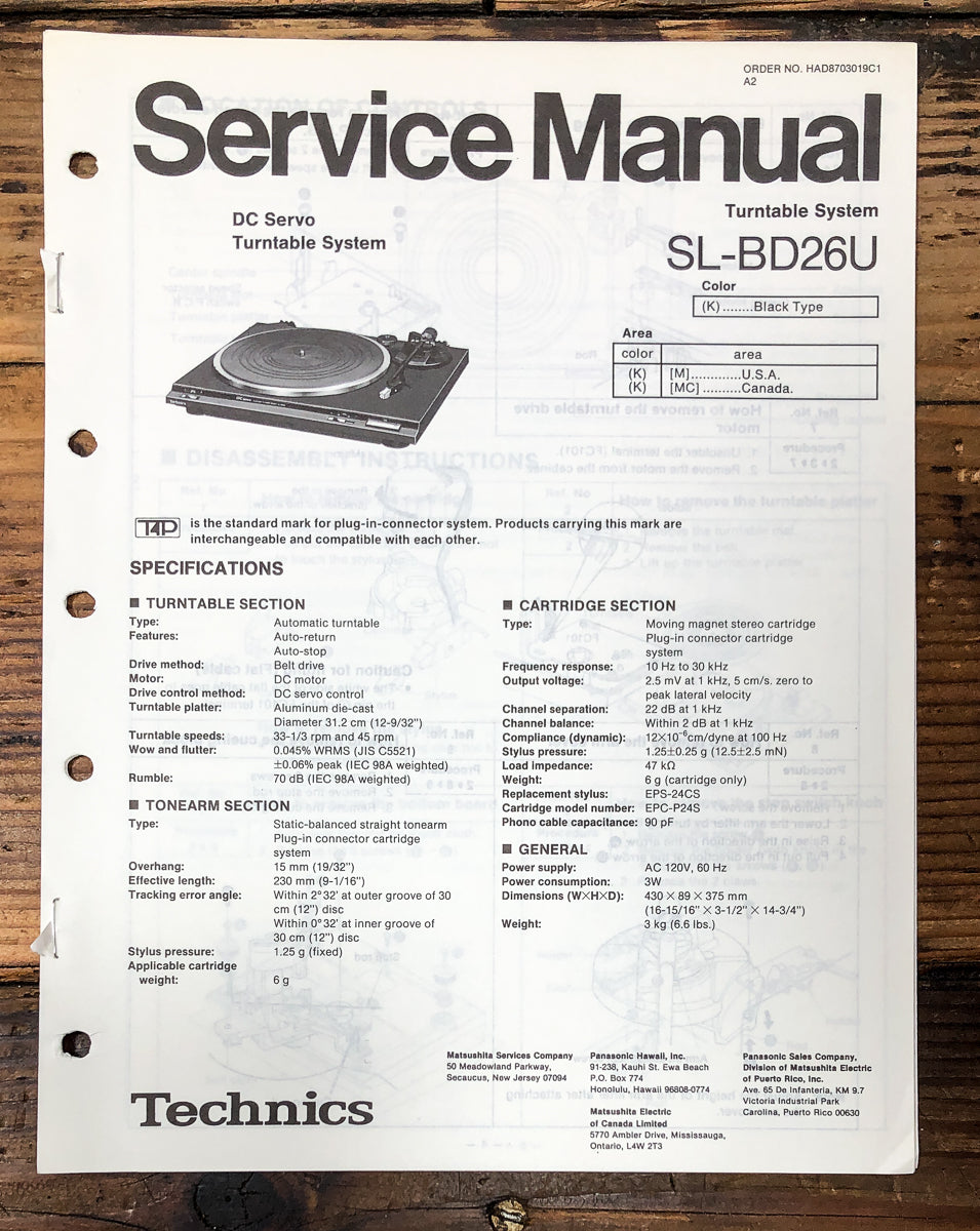Technics SL-BD26U Record Player / Turntable Service Manual *Original*