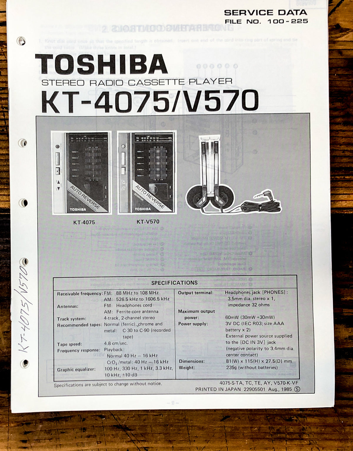 Toshiba Model KT-4075 KT-V570 Cassette Service Manual *Original*