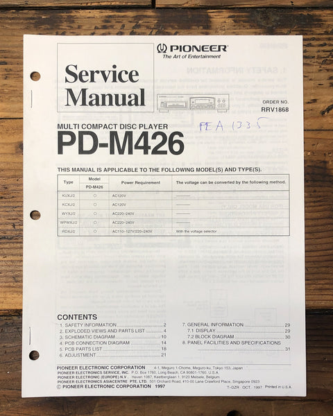 Pioneer PD-M426 CD Player  Service Manual *Original*