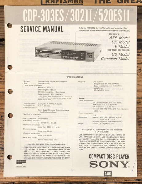 Sony CDP-303ES -302 II -520ES II CD Player  Service Manual *Original*