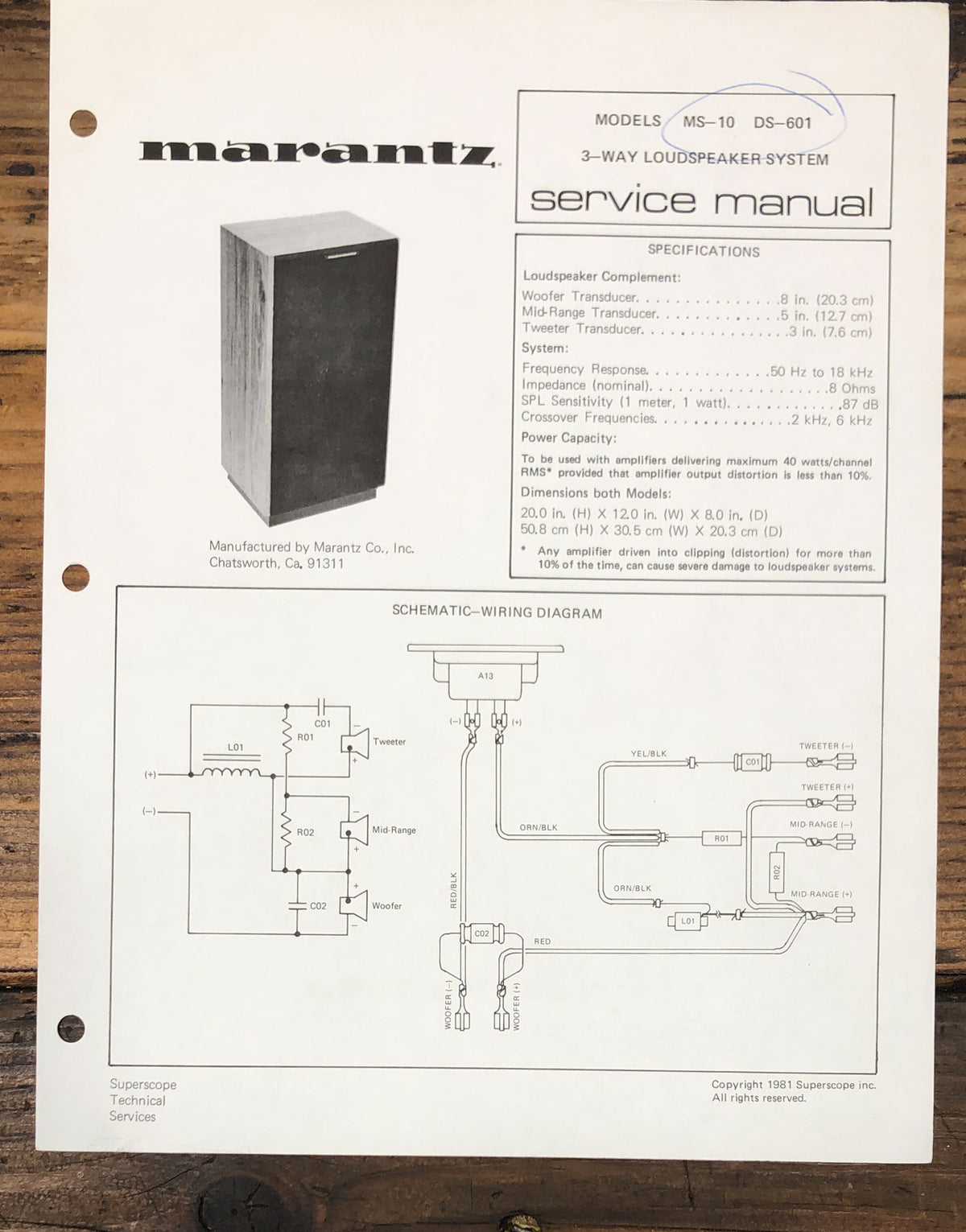 Marantz MS-10 DS-601 Speaker Service Data Sheet  *Original*