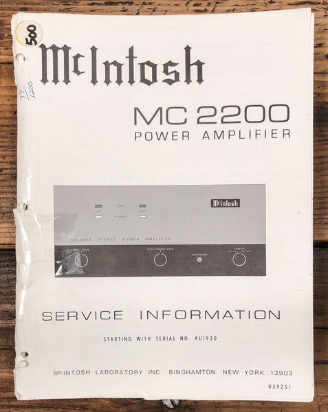 McIntosh MC2200 MC-2200 Amplifier  Service Manual *Original* #2