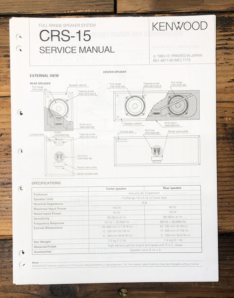 Kenwood CRS-15 Speaker  Service Manual *Original*