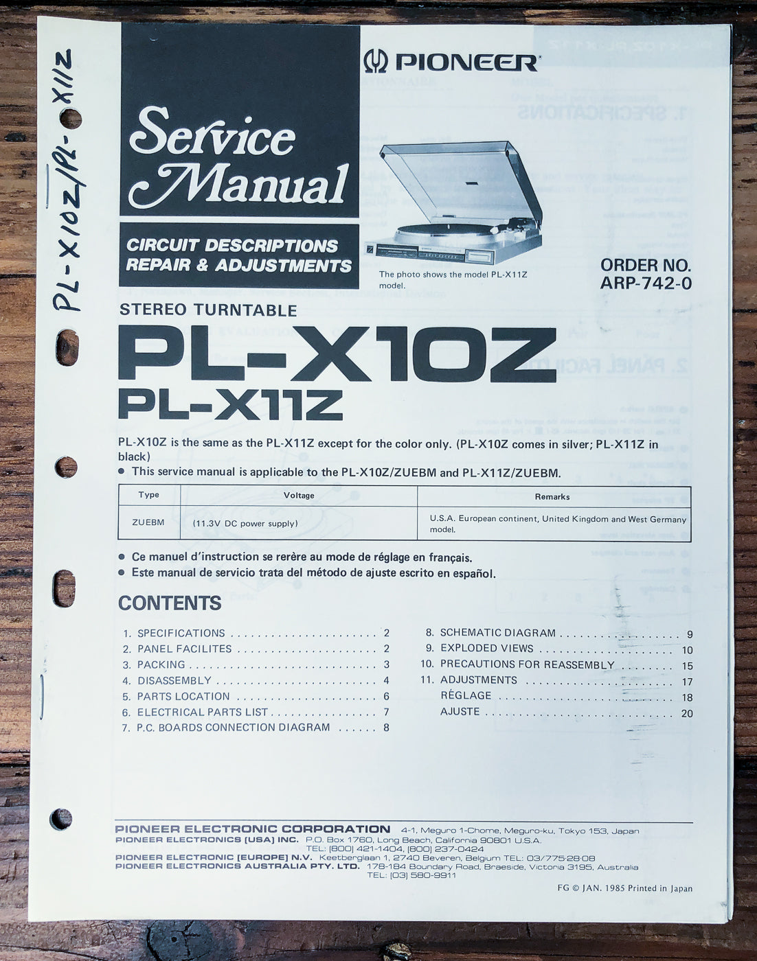 Pioneer PL-X10Z PL-X11Z Turntable Service Manual *Original*